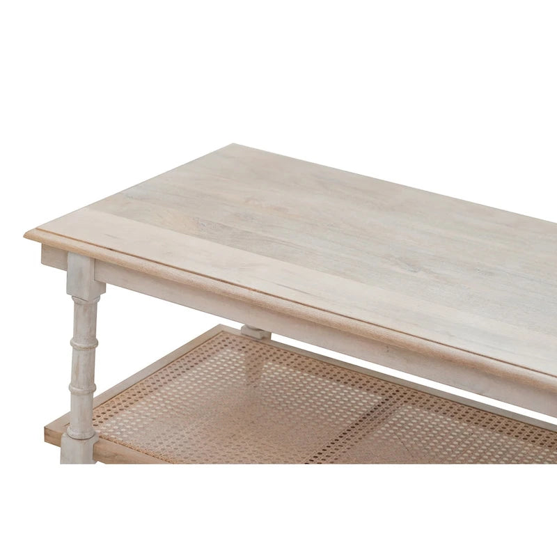 Table basse étagère en rotin et manguier avec pieds tournés, finition blanchie