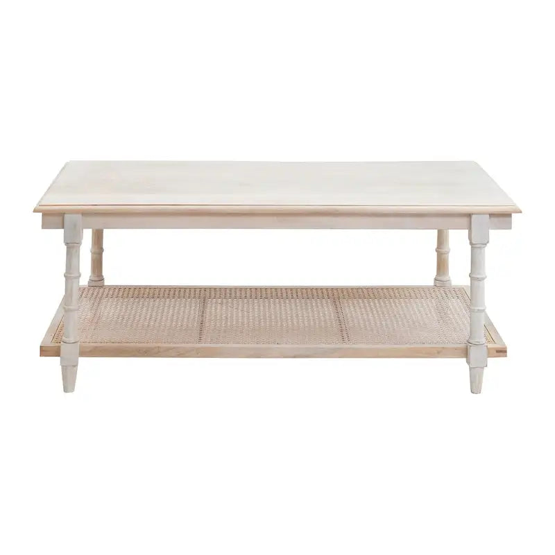 Table basse étagère en rotin et manguier avec pieds tournés, finition blanchie