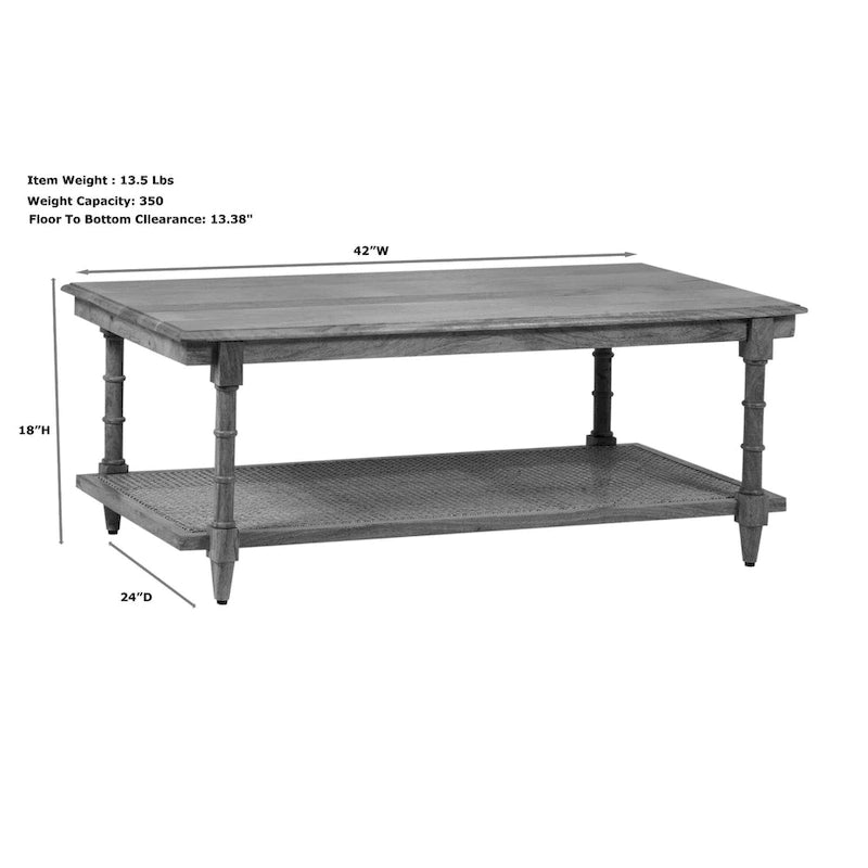 Table basse étagère en rotin et manguier avec pieds tournés, finition blanchie