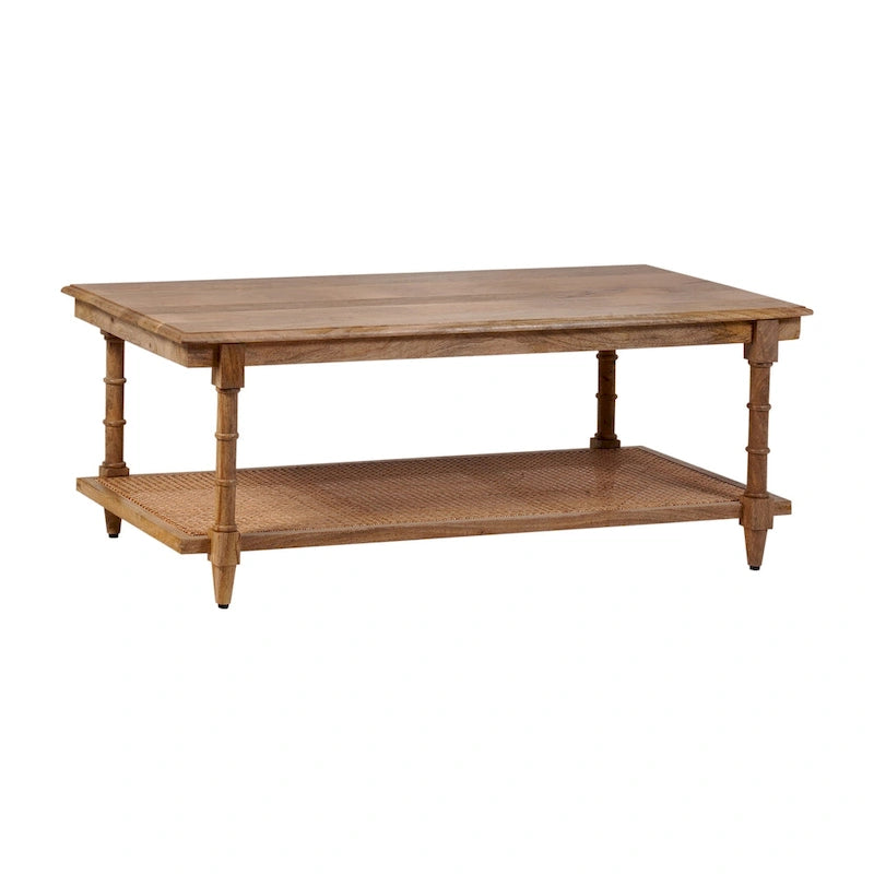 Table basse étagère en rotin et manguier avec pieds tournés, finition blanchie