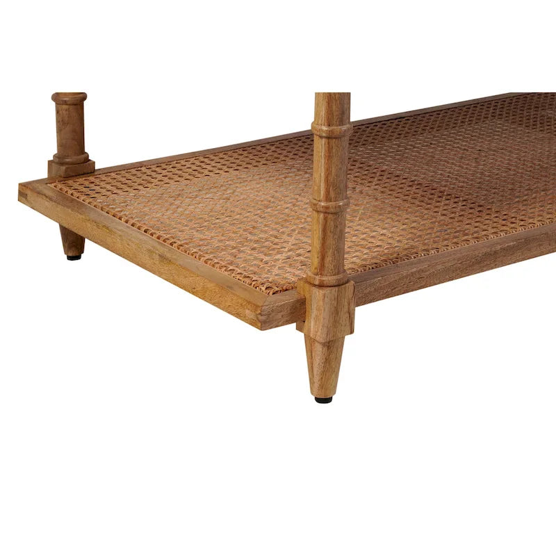 Table basse étagère en rotin et manguier avec pieds tournés, finition blanchie