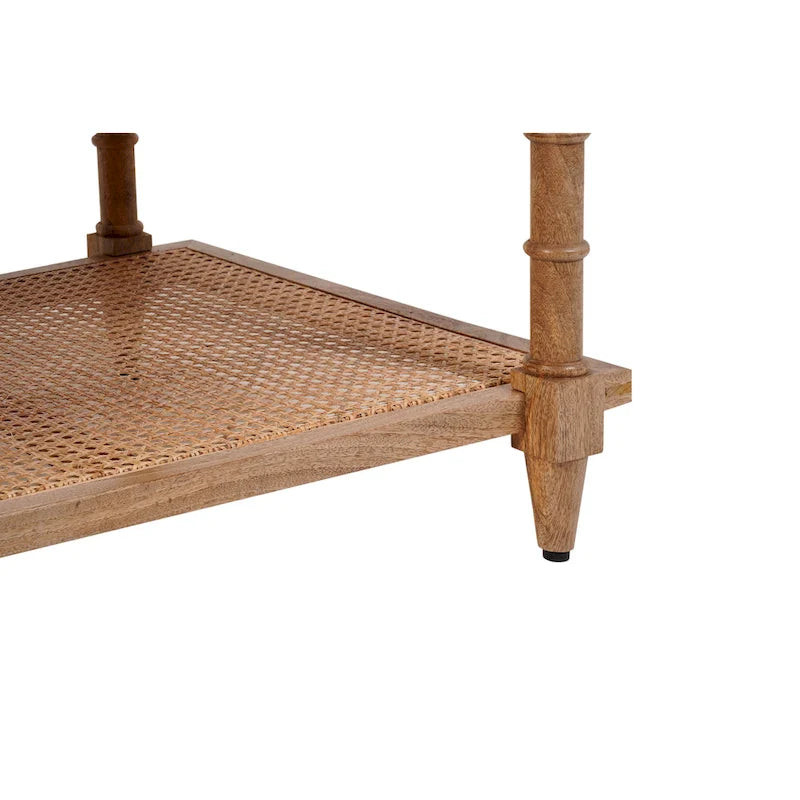 Table basse étagère en rotin et manguier avec pieds tournés, finition blanchie
