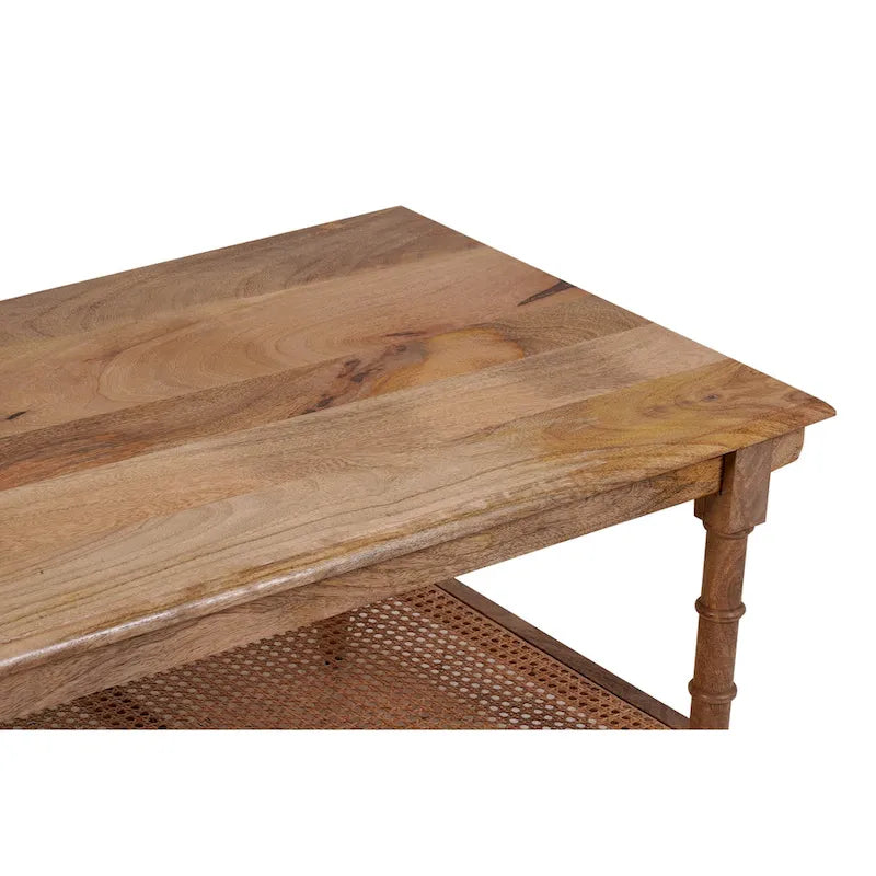 Table basse étagère en rotin et manguier avec pieds tournés, finition blanchie