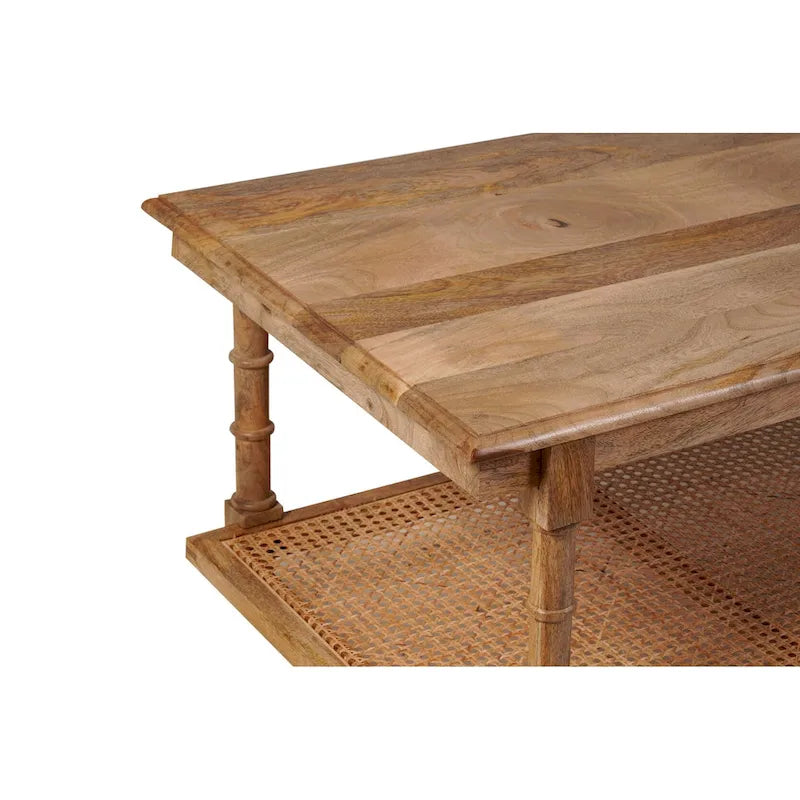 Table basse étagère en rotin et manguier avec pieds tournés, finition blanchie
