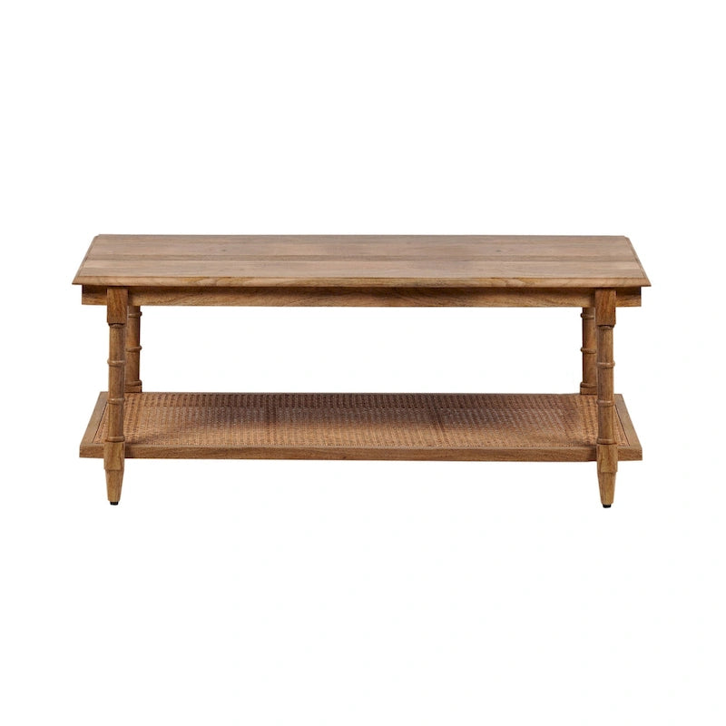 Table basse étagère en rotin et manguier avec pieds tournés, finition blanchie