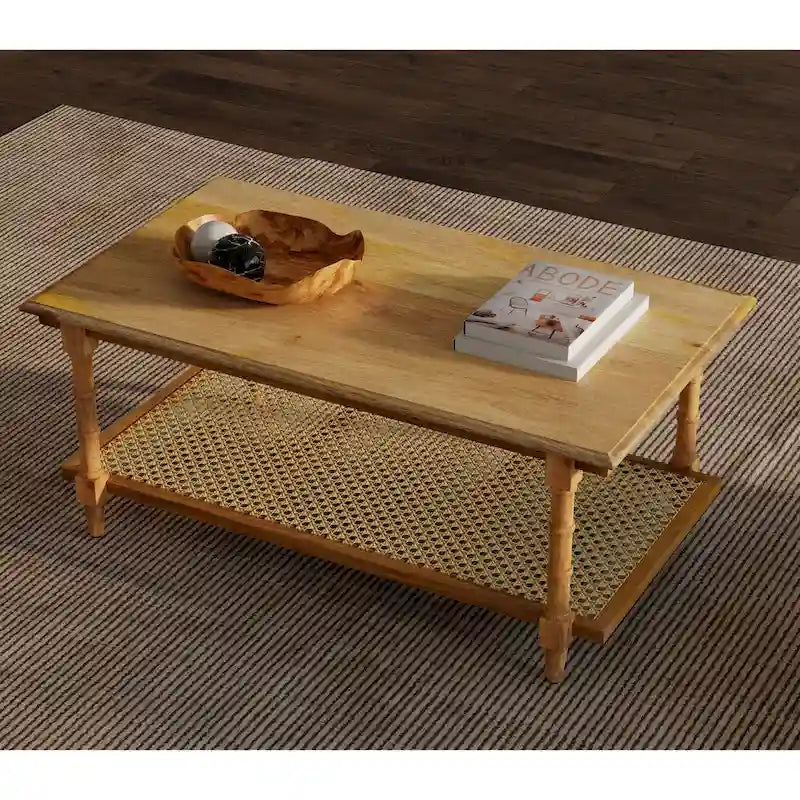 Table basse étagère en rotin et manguier avec pieds tournés, finition blanchie
