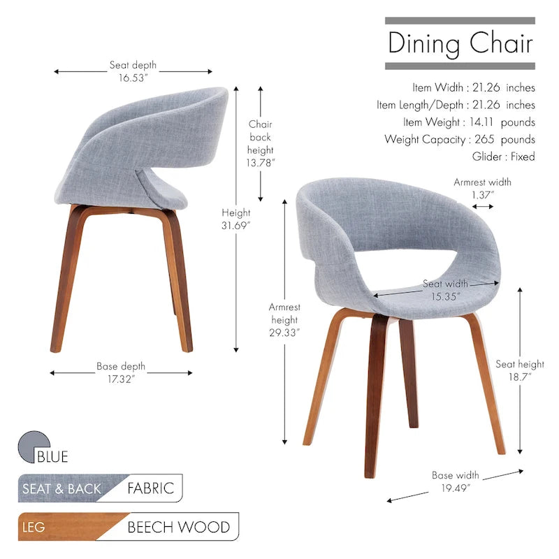 Chaise de salle à manger capitonnée en tissu de style Mid-Century Modern, pieds en bois de noyer, gris
