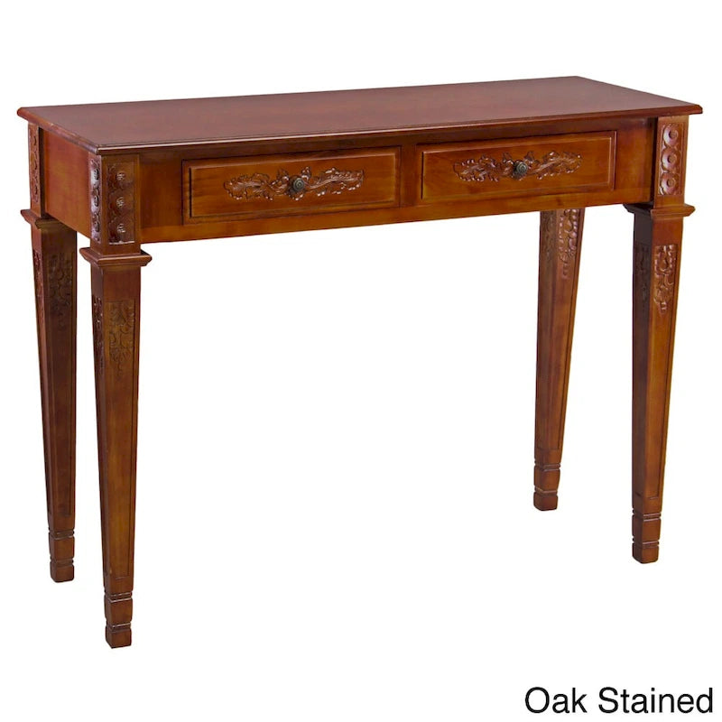 Console en bois dur sculptée à la main avec deux tiroirs Noyer ou Blanc antique