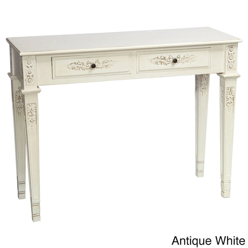 Console en bois dur sculptée à la main avec deux tiroirs Noyer ou Blanc antique