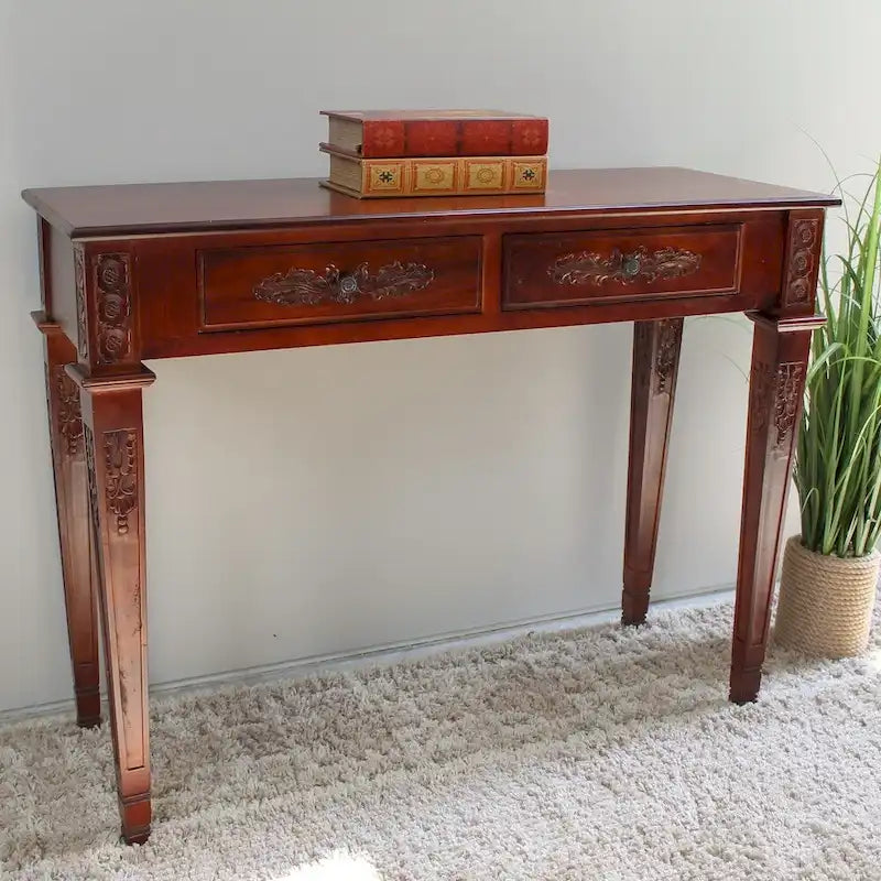 Console en bois dur sculptée à la main avec deux tiroirs Noyer ou Blanc antique
