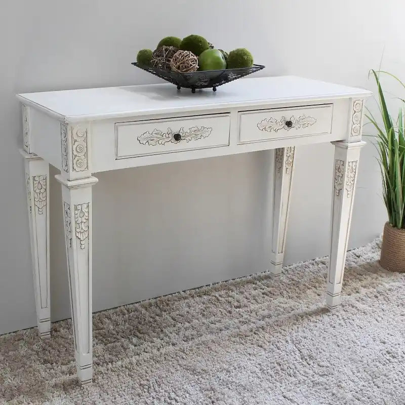 Console en bois dur sculptée à la main avec deux tiroirs Noyer ou Blanc antique