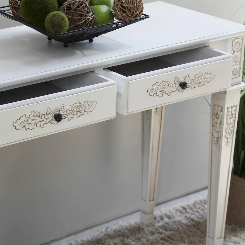 Console en bois dur sculptée à la main avec deux tiroirs Noyer ou Blanc antique