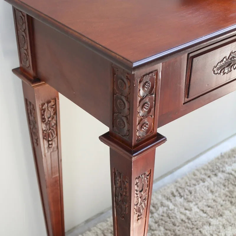 Console en bois dur sculptée à la main avec deux tiroirs Noyer ou Blanc antique