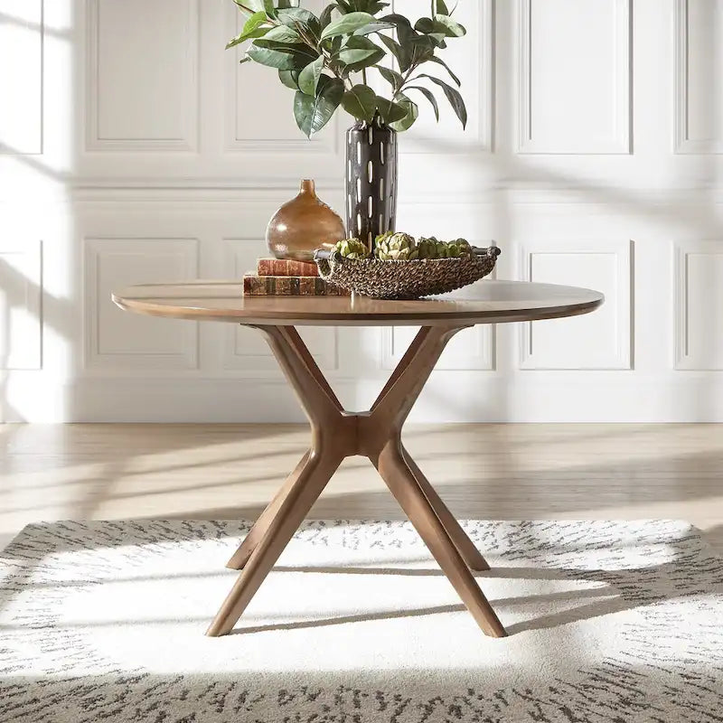 Table à manger ronde Mid-Century en noyer foncé avec plateau en verre et piètement en X
