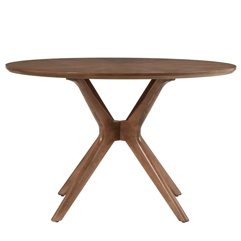 Table à manger ronde Mid-Century en noyer foncé avec plateau en verre et piètement en X