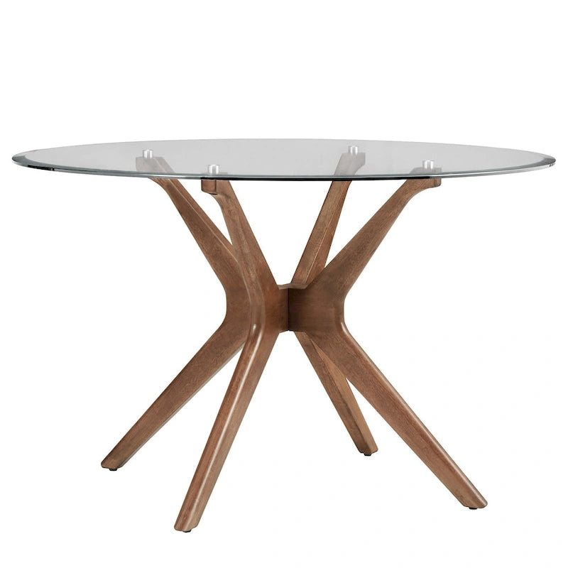 Table à manger ronde Mid-Century en noyer foncé avec plateau en verre et piètement en X