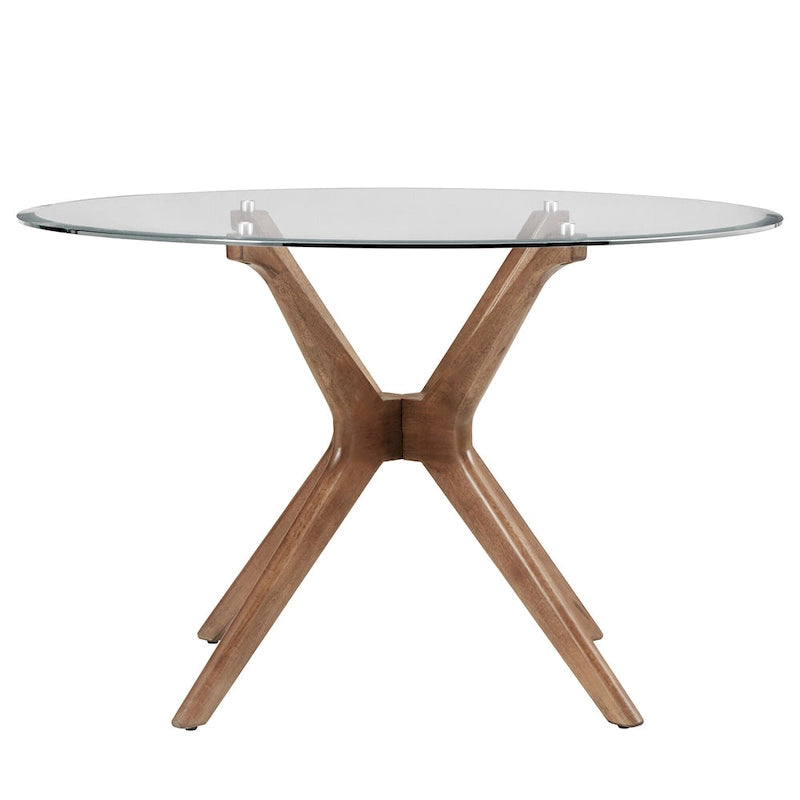 Table à manger ronde Mid-Century en noyer foncé avec plateau en verre et piètement en X