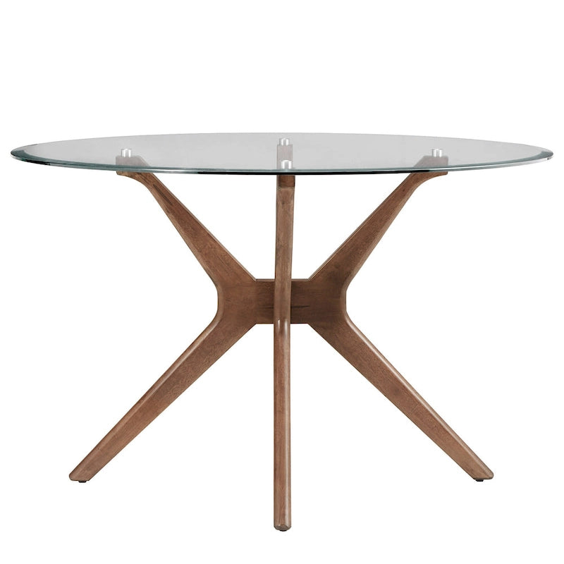 Table à manger ronde Mid-Century en noyer foncé avec plateau en verre et piètement en X