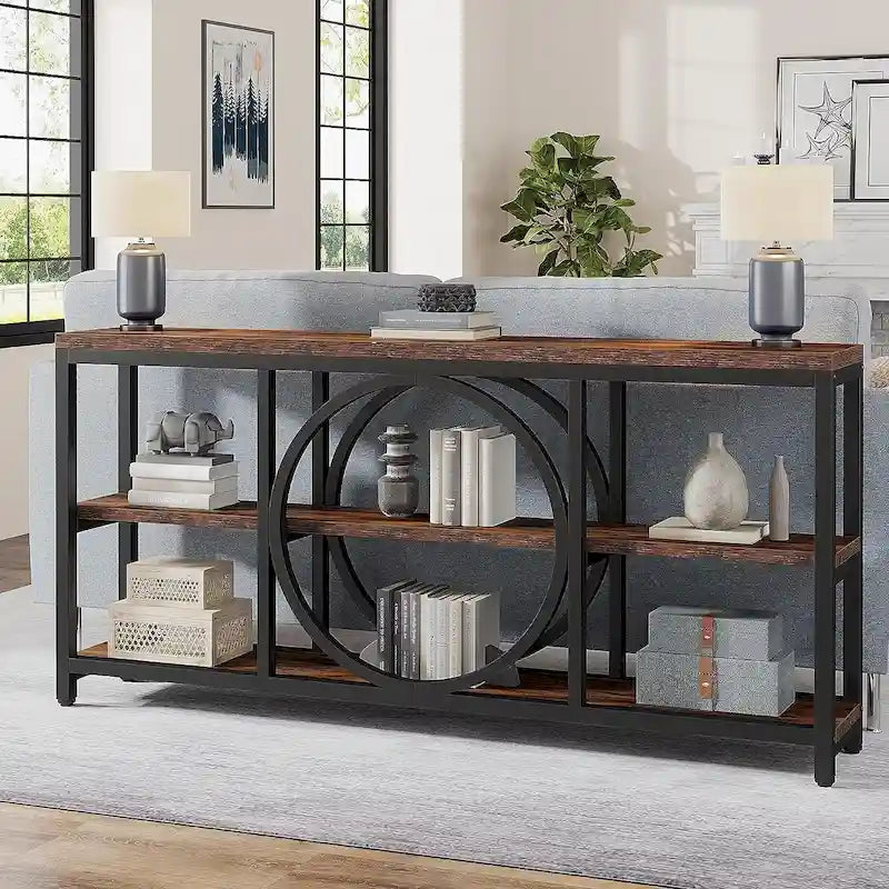 Console rustique industrielle avec étagères ouvertes à 3 niveaux et structure en bois et métal