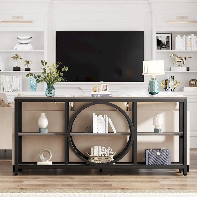 Console rustique industrielle avec étagères ouvertes à 3 niveaux et structure en bois et métal