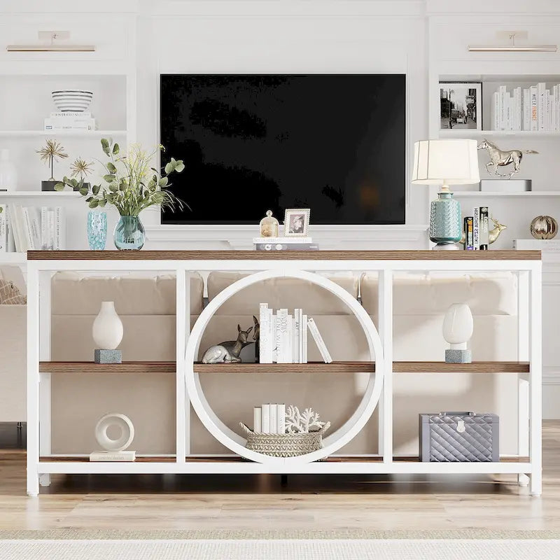 Console rustique industrielle avec étagères ouvertes à 3 niveaux et structure en bois et métal