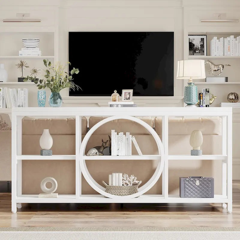 Console rustique industrielle avec étagères ouvertes à 3 niveaux et structure en bois et métal