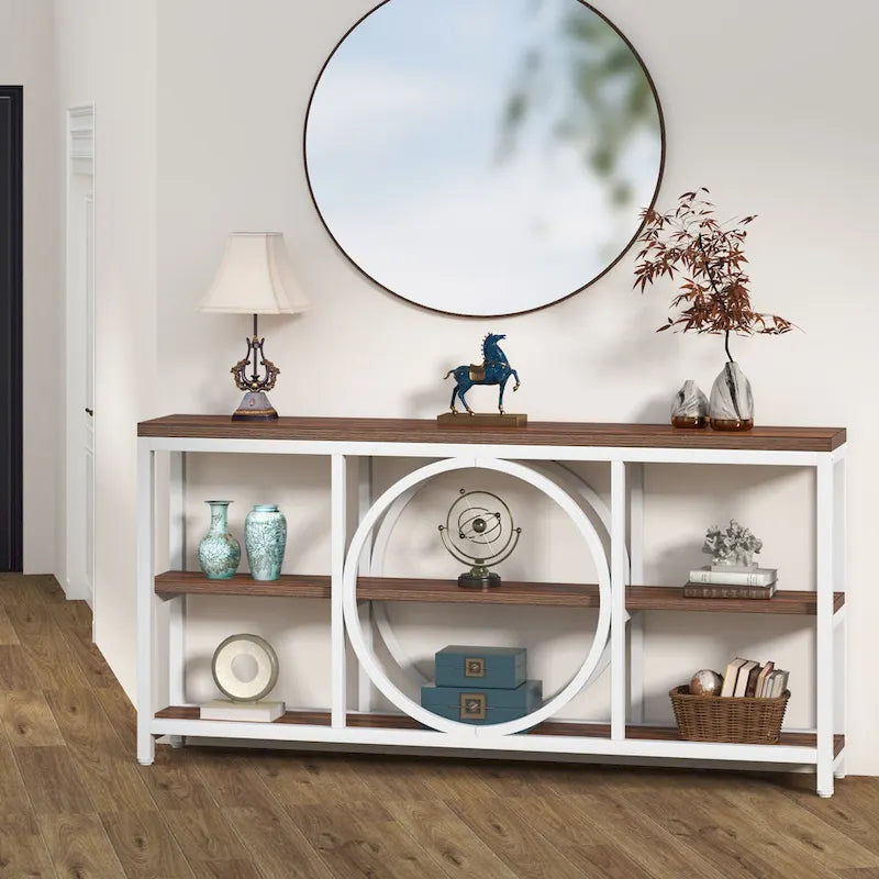 Console rustique industrielle avec étagères ouvertes à 3 niveaux et structure en bois et métal