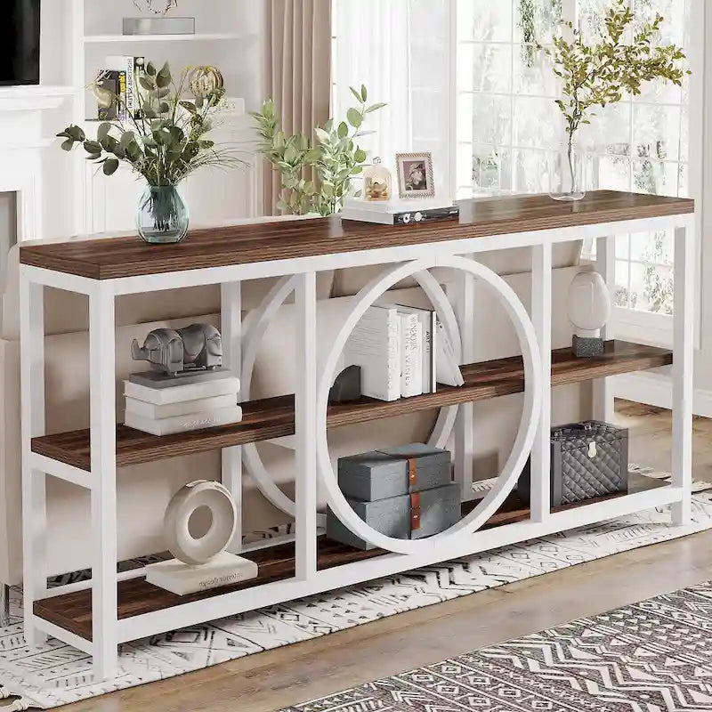 Console rustique industrielle avec étagères ouvertes à 3 niveaux et structure en bois et métal