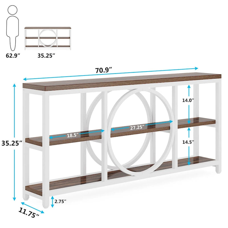 Console rustique industrielle avec étagères ouvertes à 3 niveaux et structure en bois et métal