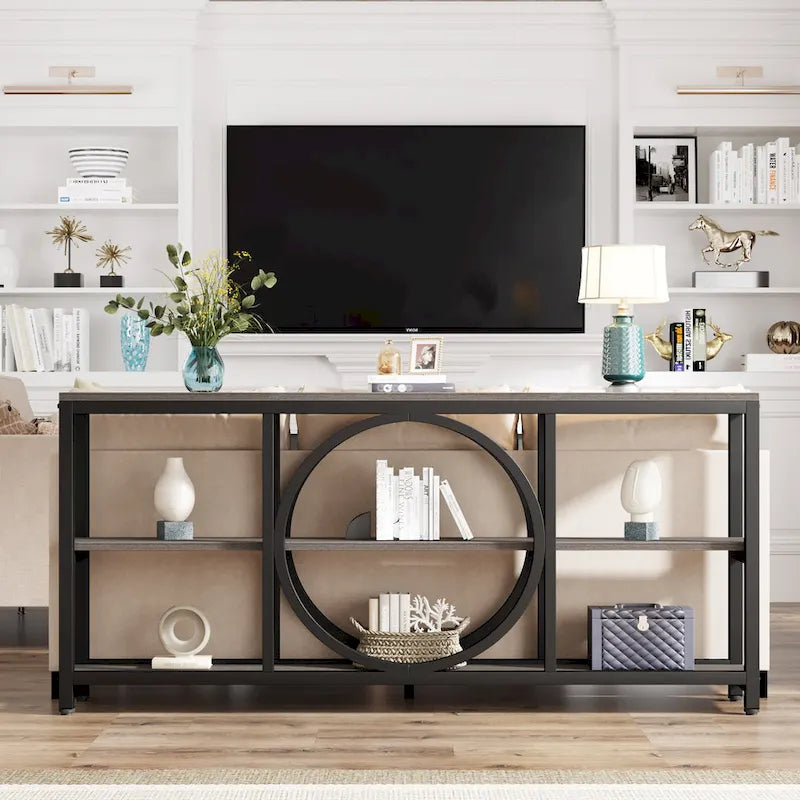 Console rustique industrielle avec étagères ouvertes à 3 niveaux et structure en bois et métal