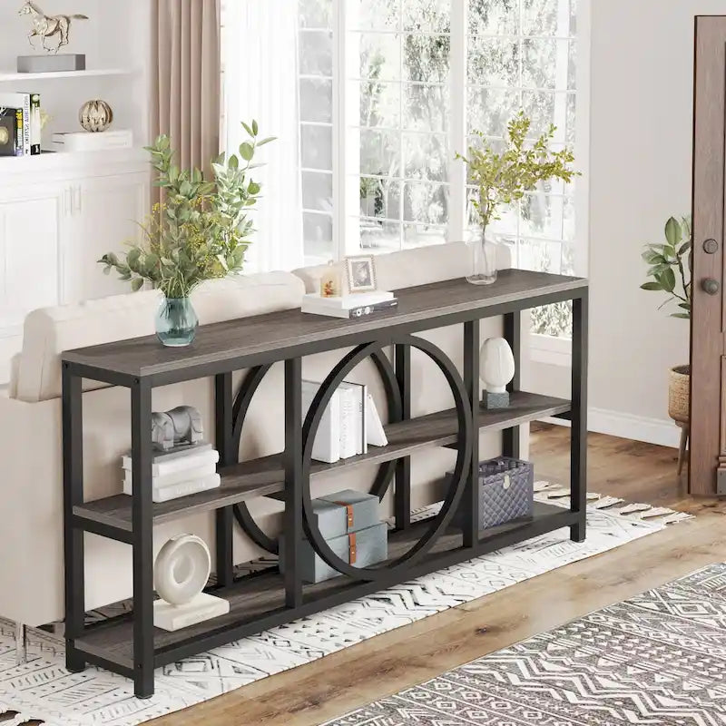 Console rustique industrielle avec étagères ouvertes à 3 niveaux et structure en bois et métal