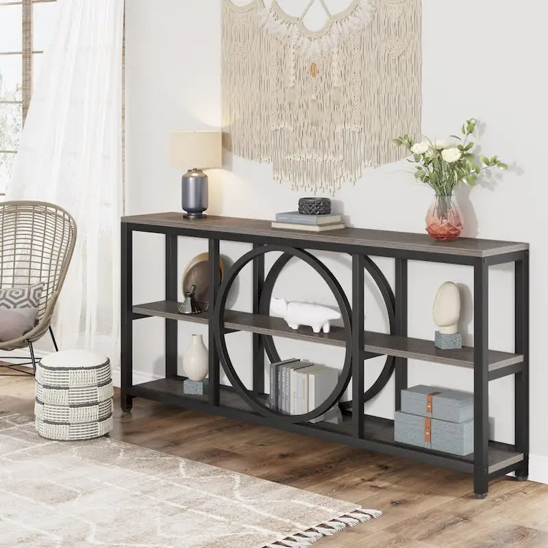 Console rustique industrielle avec étagères ouvertes à 3 niveaux et structure en bois et métal