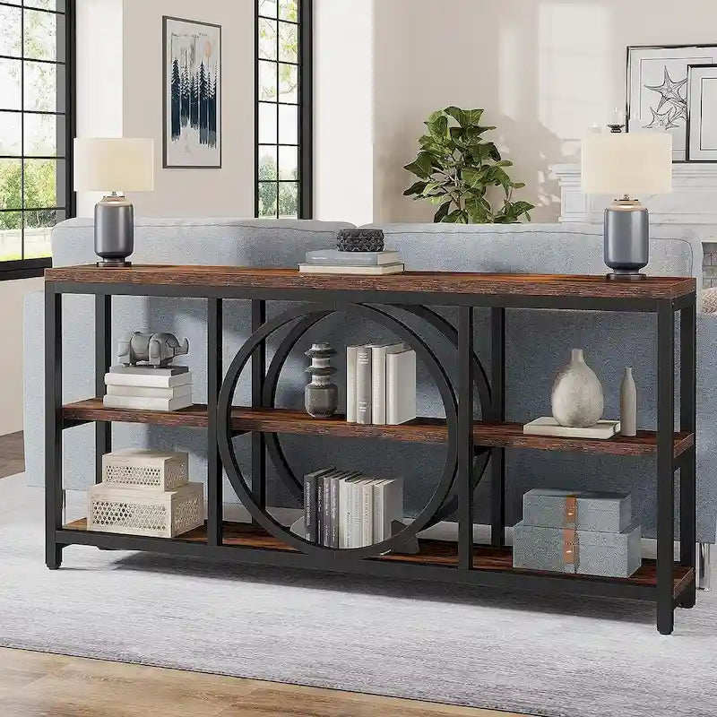 Console rustique industrielle avec étagères ouvertes à 3 niveaux et structure en bois et métal