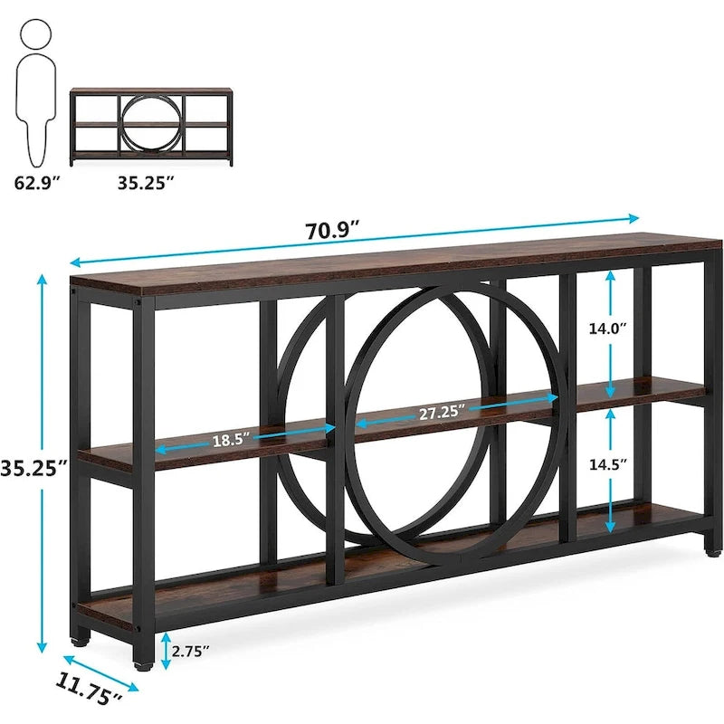 Console rustique industrielle avec étagères ouvertes à 3 niveaux et structure en bois et métal