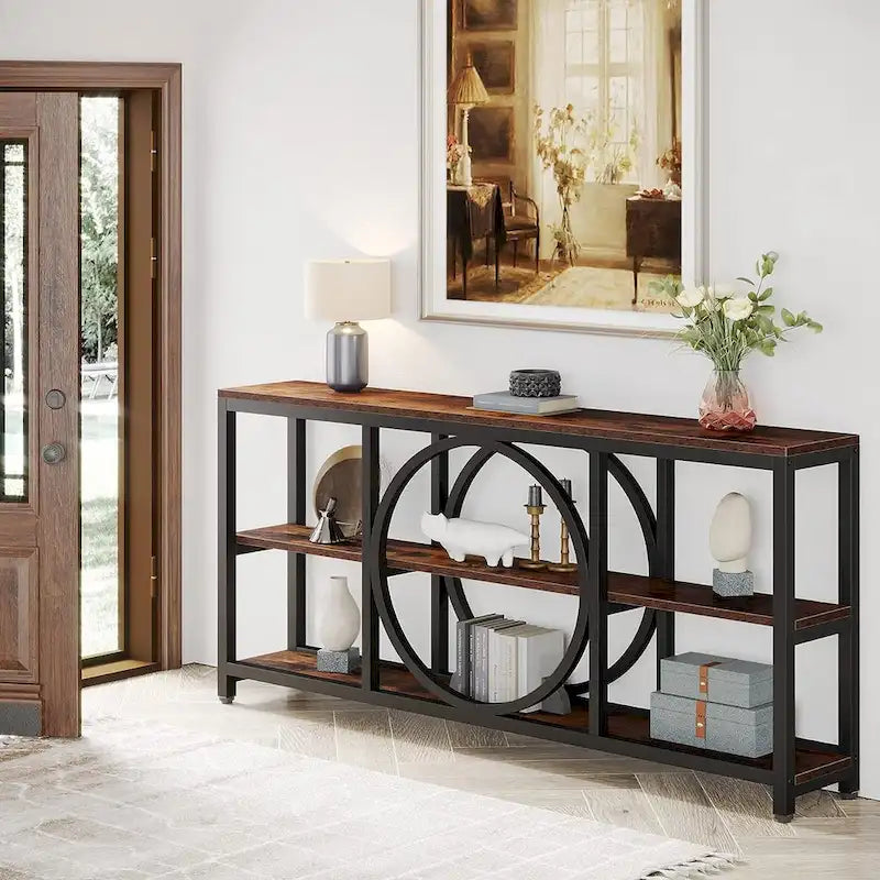 Console rustique industrielle avec étagères ouvertes à 3 niveaux et structure en bois et métal