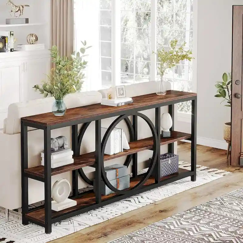 Console rustique industrielle avec étagères ouvertes à 3 niveaux et structure en bois et métal