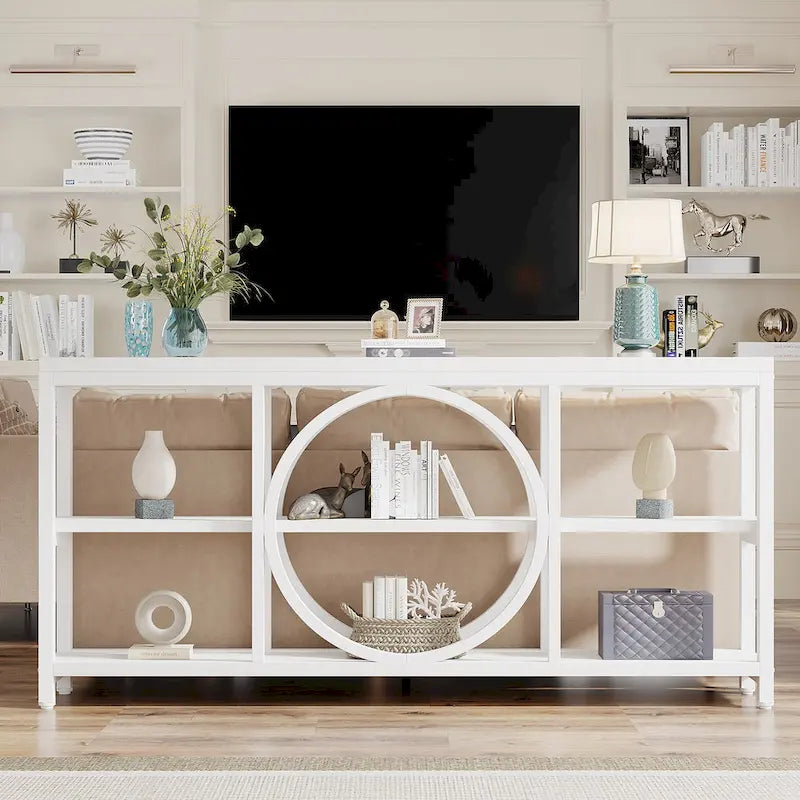 Console rustique industrielle avec étagères ouvertes à 3 niveaux et structure en bois et métal