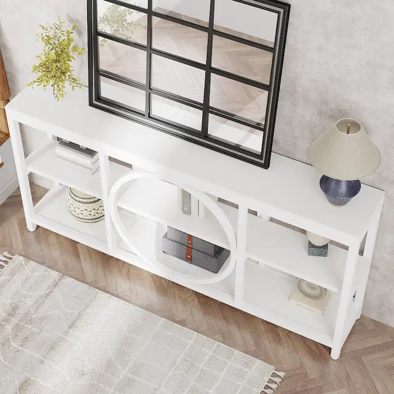 Console rustique industrielle avec étagères ouvertes à 3 niveaux et structure en bois et métal