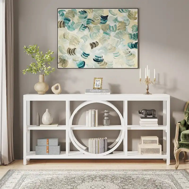 Console rustique industrielle avec étagères ouvertes à 3 niveaux et structure en bois et métal