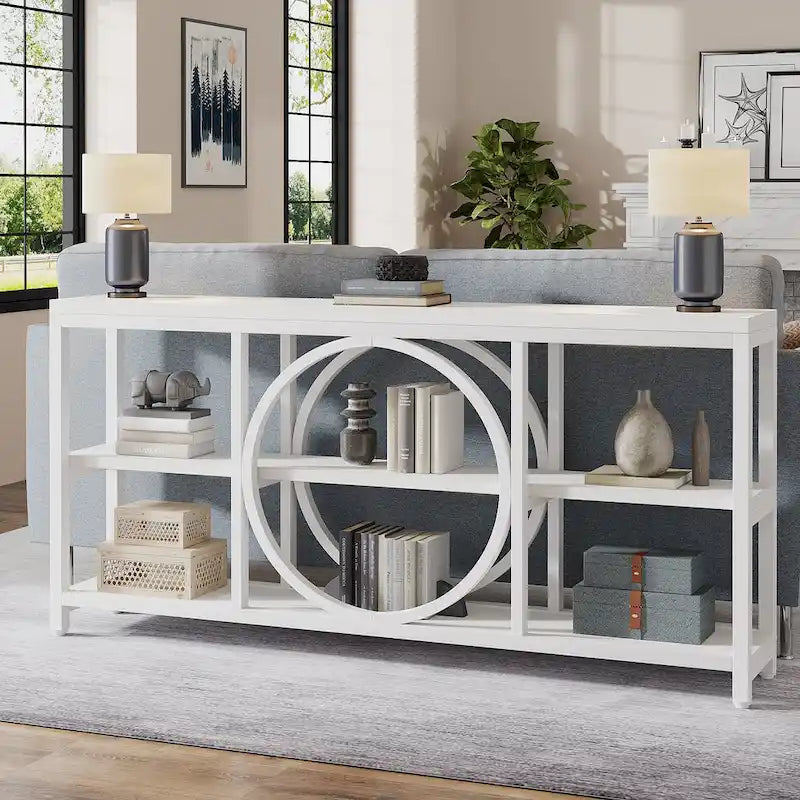 Console rustique industrielle avec étagères ouvertes à 3 niveaux et structure en bois et métal