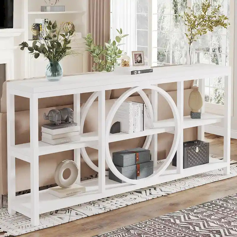 Console rustique industrielle avec étagères ouvertes à 3 niveaux et structure en bois et métal