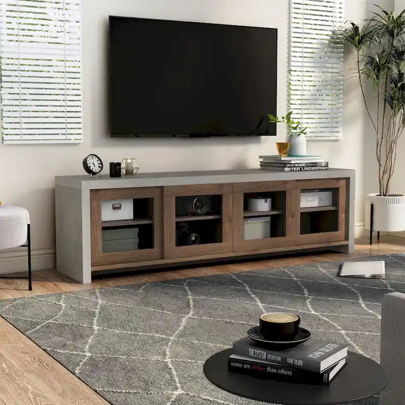 Meuble TV moderne industriel de 70 pouces, placard de rangement avec portes coulissantes en verre, noyer noir
