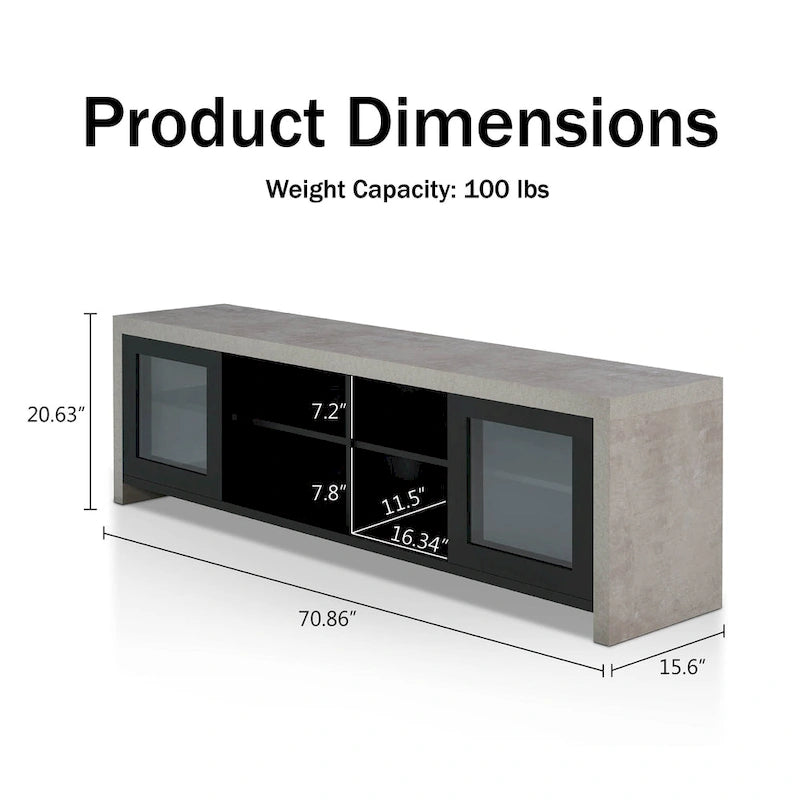 Meuble TV moderne industriel de 70 pouces, placard de rangement avec portes coulissantes en verre, noyer noir