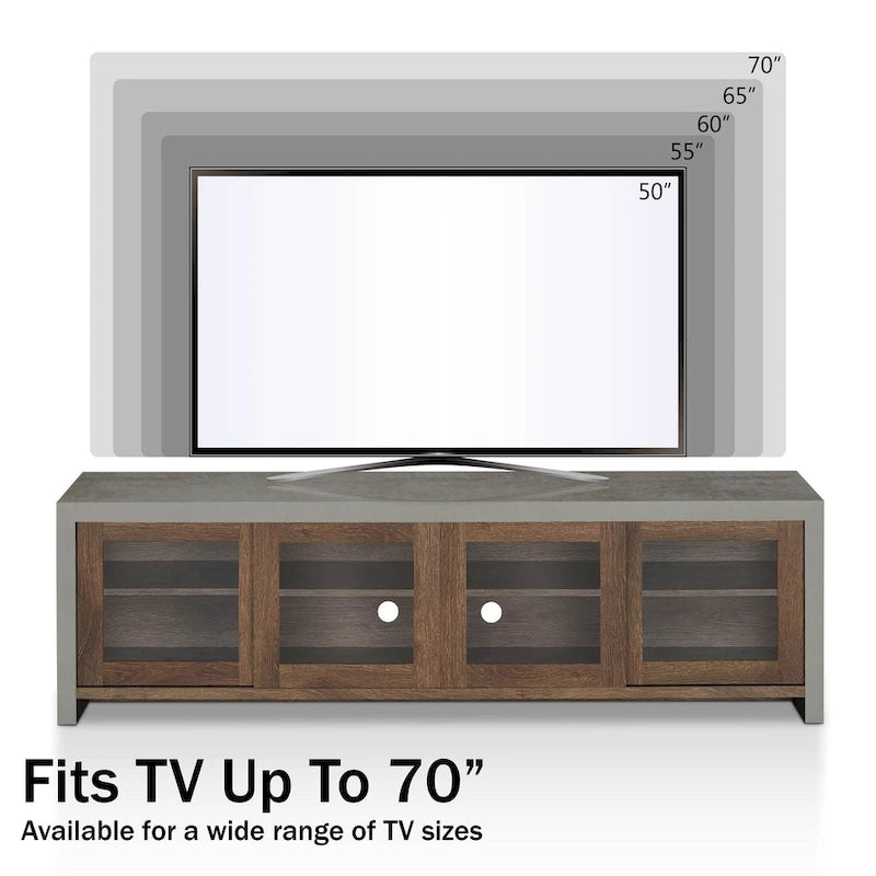 Meuble TV moderne industriel de 70 pouces, placard de rangement avec portes coulissantes en verre, noyer noir