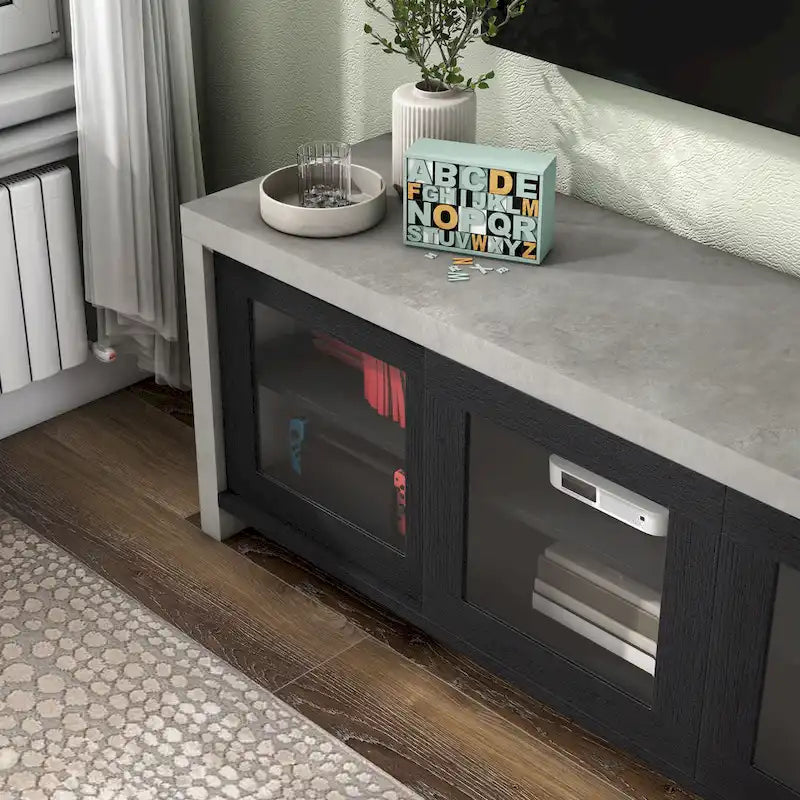 Meuble TV moderne industriel de 70 pouces, placard de rangement avec portes coulissantes en verre, noyer noir