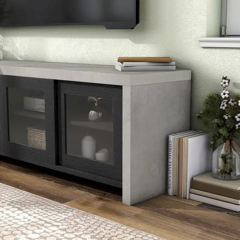 Meuble TV moderne industriel de 70 pouces, placard de rangement avec portes coulissantes en verre, noyer noir