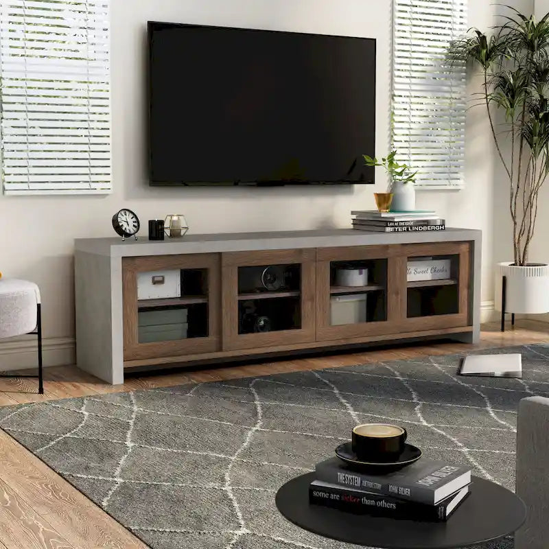 Meuble TV moderne industriel de 70 pouces, placard de rangement avec portes coulissantes en verre, noyer noir