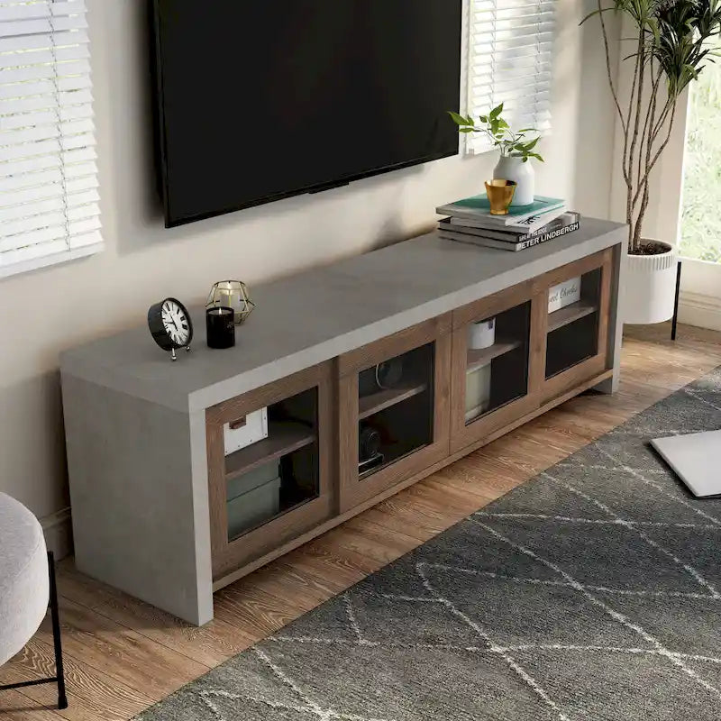 Meuble TV moderne industriel de 70 pouces, placard de rangement avec portes coulissantes en verre, noyer noir