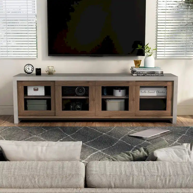 Meuble TV moderne industriel de 70 pouces, placard de rangement avec portes coulissantes en verre, noyer noir