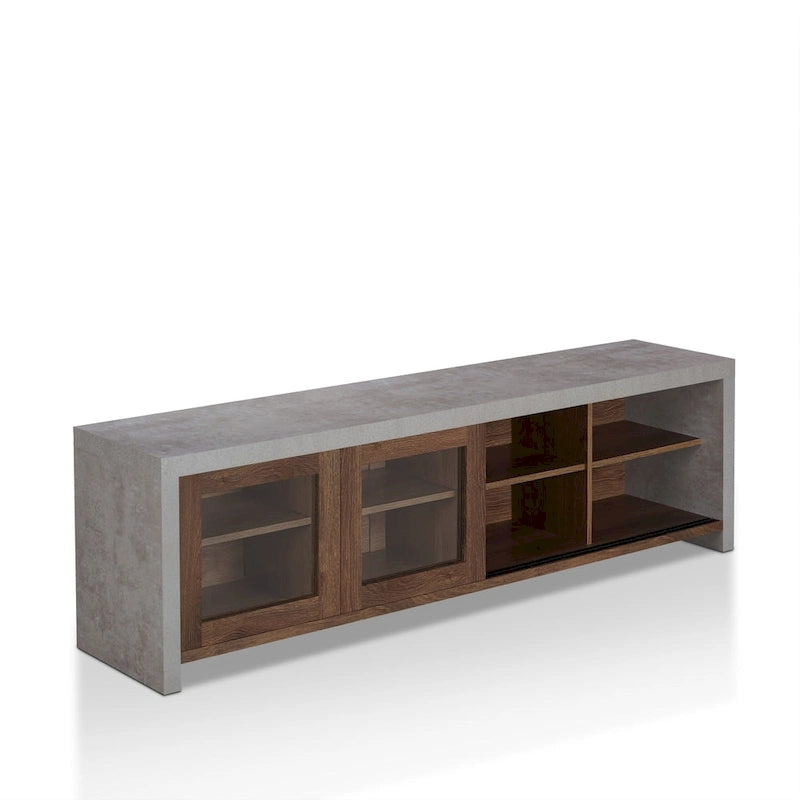 Meuble TV moderne industriel de 70 pouces, placard de rangement avec portes coulissantes en verre, noyer noir